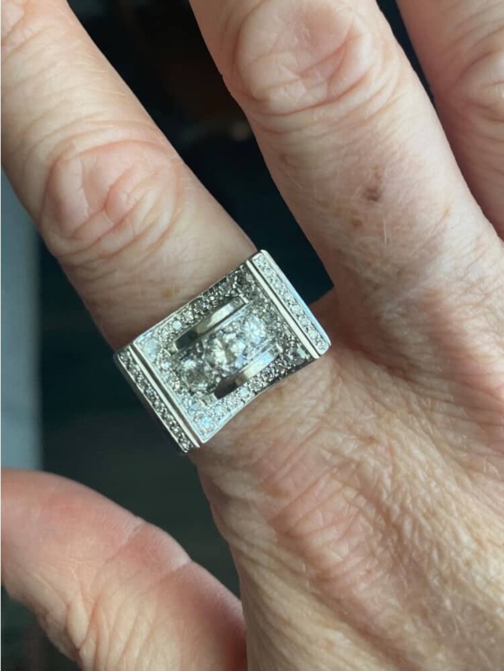 Platinum and 18k Gold Diamond Tank Ring